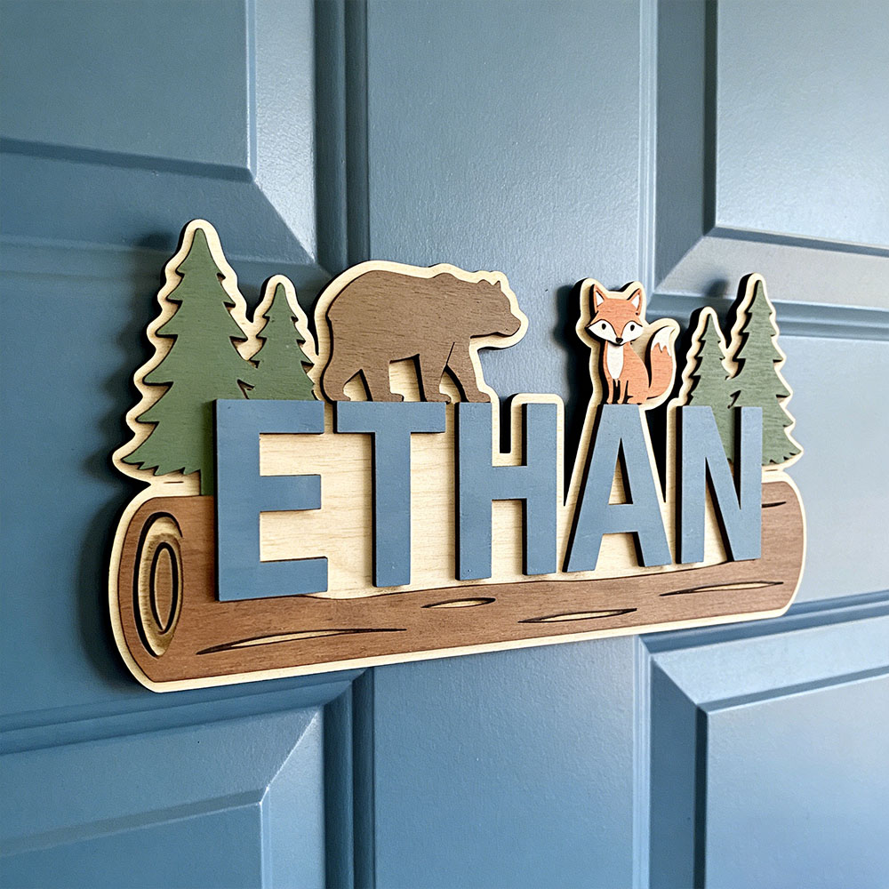 Baby Nursery Wall - Woodland Forest Animal Personalized Name Wooden