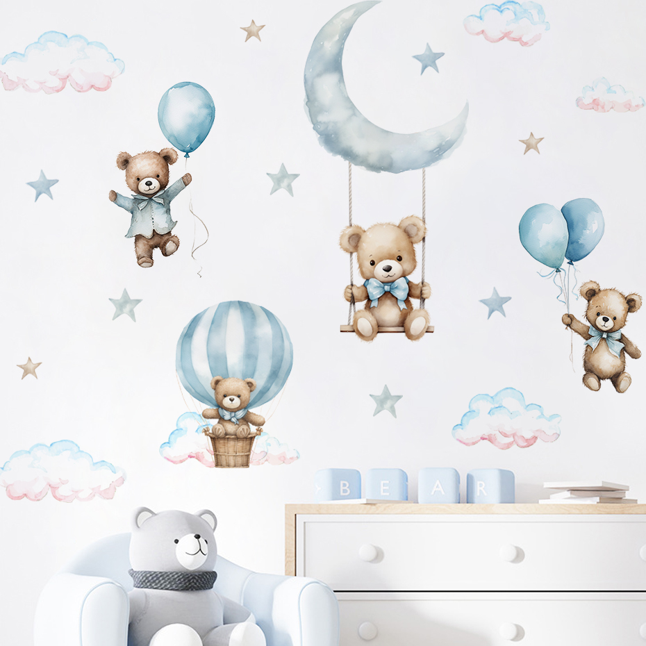 Baby Nursery Set Furniture - Watercolor Bear Hot Air Balloon Cloud