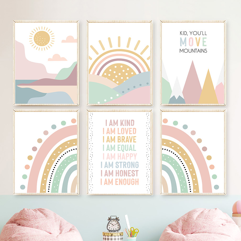Baby Nursery Quotes - Pink Mountain Sun Rainbow Quote Bohemian