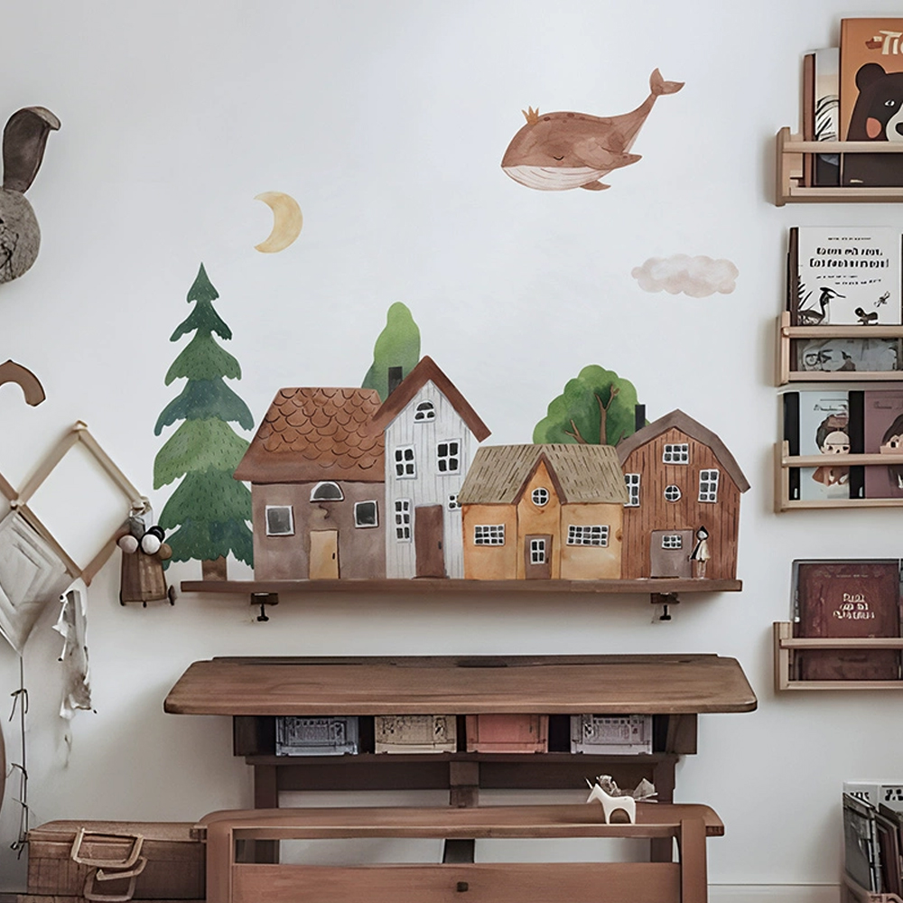 Wall Decal Nursery - Fabric Cartoon Forest Vintage Town Wall