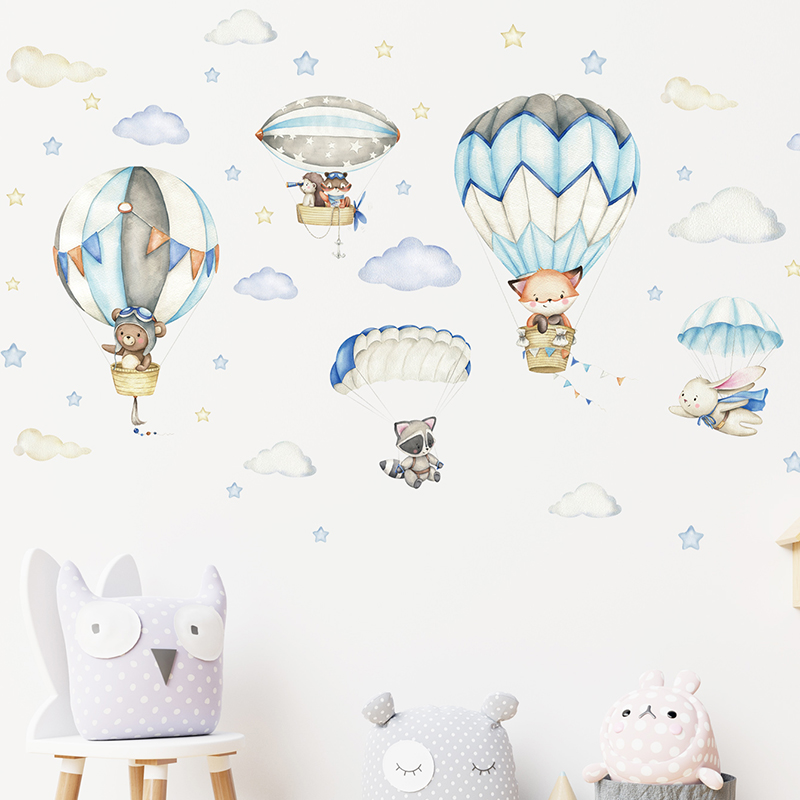 Cartoon Cute Animals Hot Air B - đánh giá và giá Wall Decal Nursery